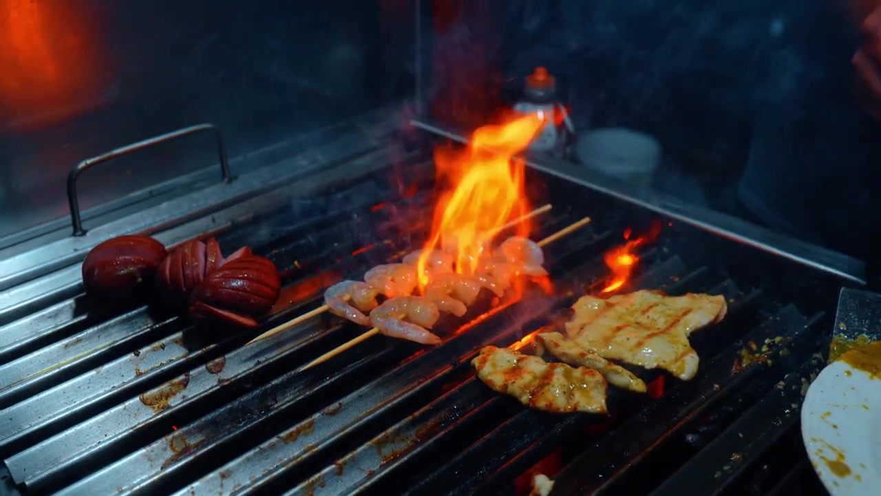 Spiedino di Gamberi Pollo alla Griglia Fiamma Aperta BBQ da Strada. Spiedino di gamberi e pezzi di pollo alla griglia su fiamma arancione aperta su griglia metallica, fumo, cibo da strada dell'Isola Isabela Galapagos