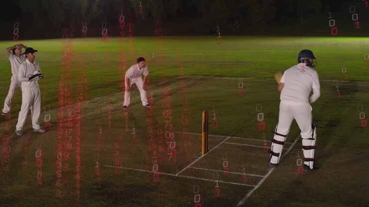 Battitore che si sistema sulla linea di battuta in una partita di cricket illuminata a giorno, anticipando il lancio, mentre un codice rosso appare sui giocatori in campo.