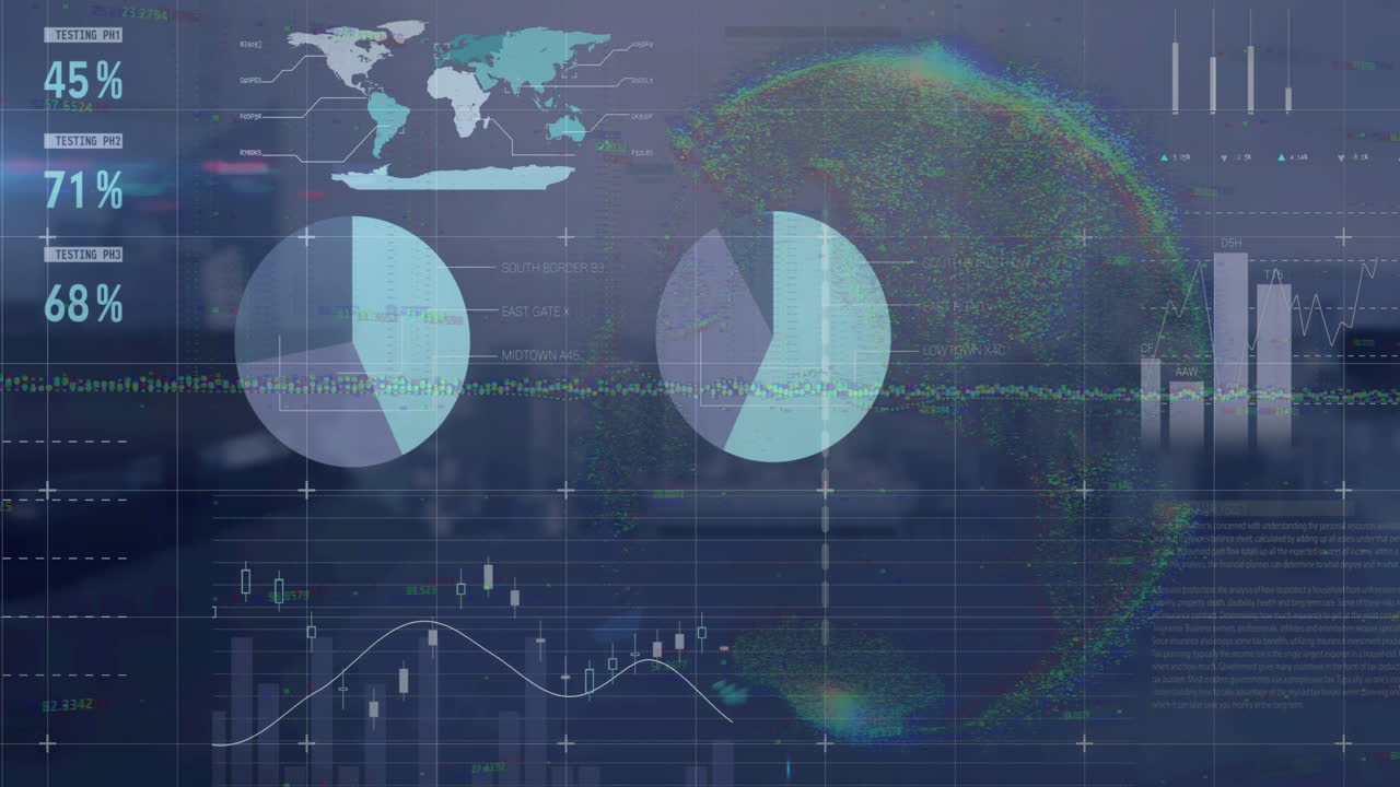 animación de múltiples gráficos, lenguaje de computadora, tablero de negociación, mapa sobre el mundo