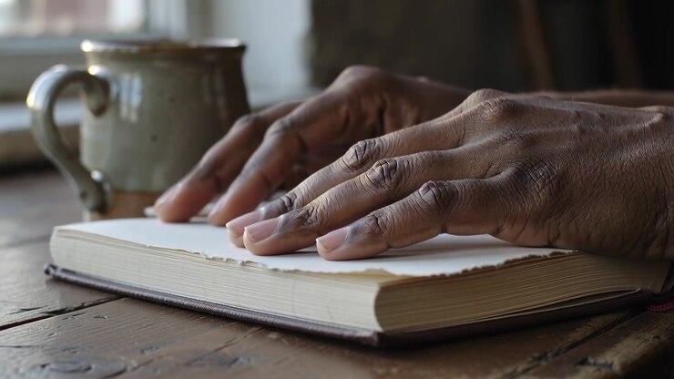 Left-hand lifting page, hands turning deckle pages at table by window with ceramic mug for reading