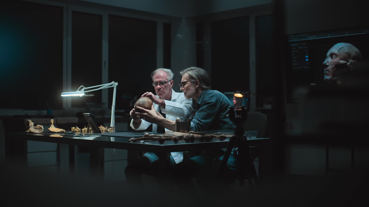 científicos examinando un cráneo en un laboratorio