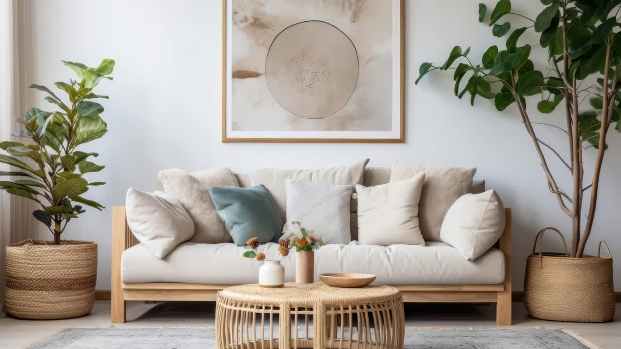 Cozy living room with neutral tones, plants, and a round coffee table