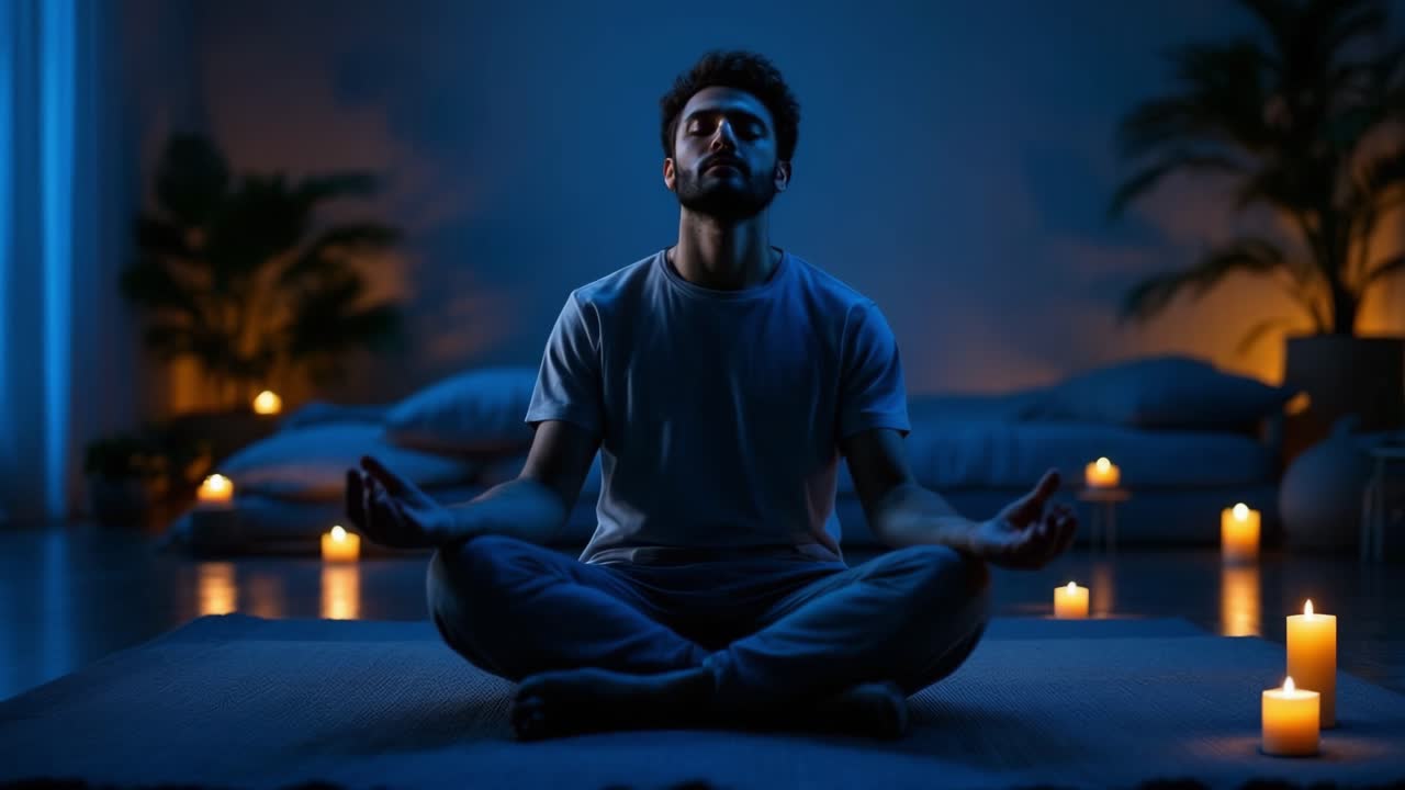Young man sitting cross-legged on a mat, practicing meditation in a tranquil room, surrounded by glowing candles, creating a peaceful atmosphere for mindfulness and relaxation