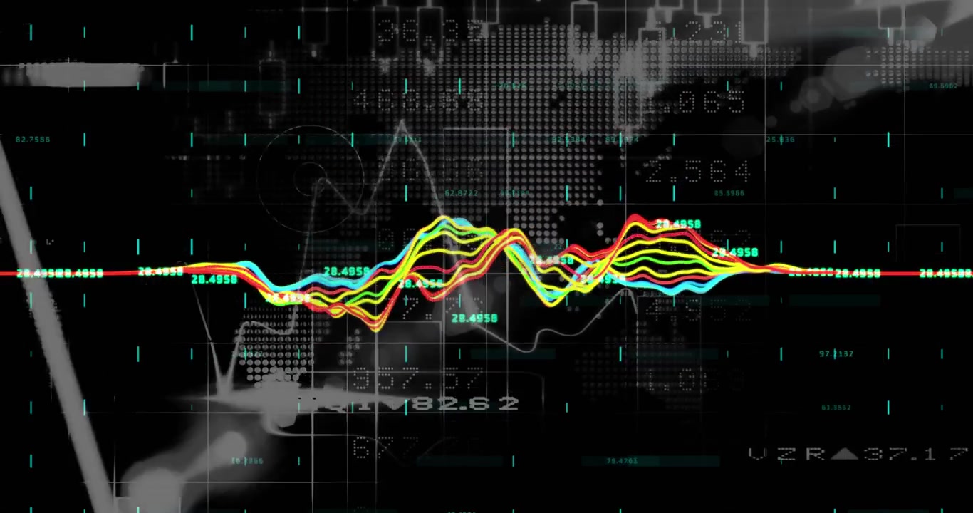 Animation of multicolored graphs, blockchains and numbers against abstract background