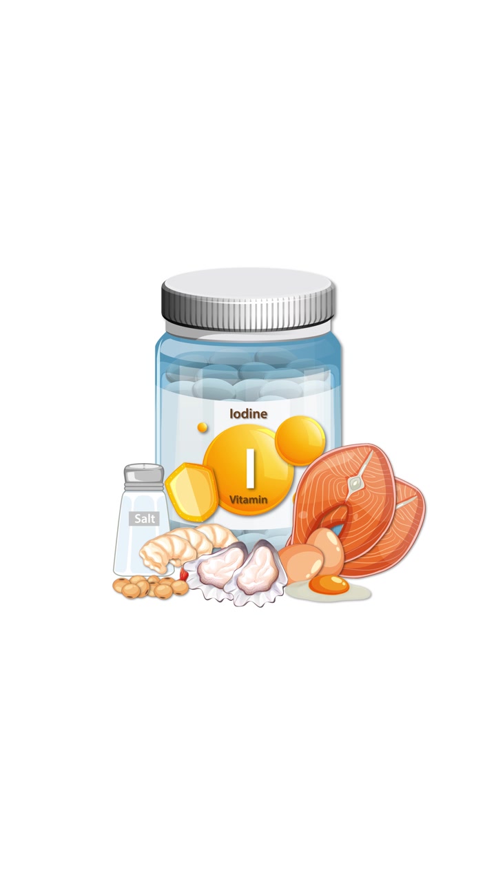 Iodine supplement bottle with seafood, eggs, salt, and nuts appearing gradually in clean vector style