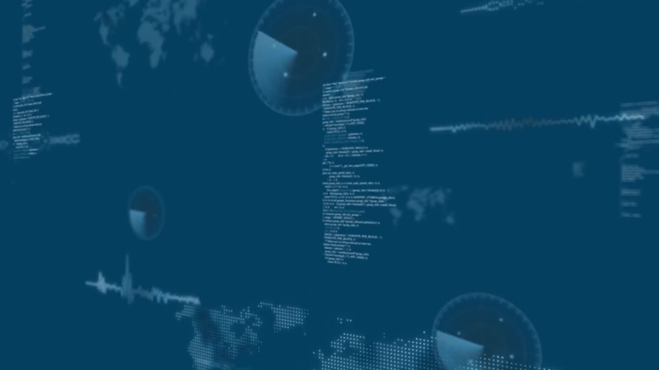 animación de sonar, ondas sonoras, mapas y lenguaje informático sobre fondo azul