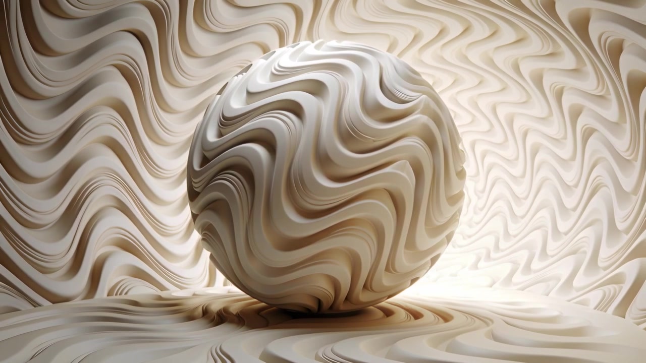 Rotating marbled sphere starting after light shift, revealing layered waves on curved backdrop