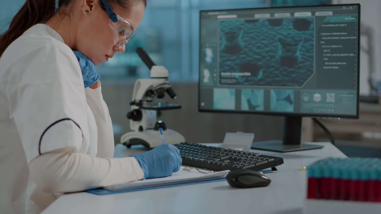 Microbiologist taking notes on paper and analyzing dna on computer
