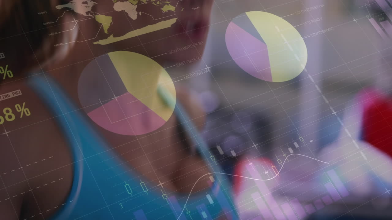 animación de estadísticas y procesamiento de datos sobre la mujer corriendo en la cinta de correr