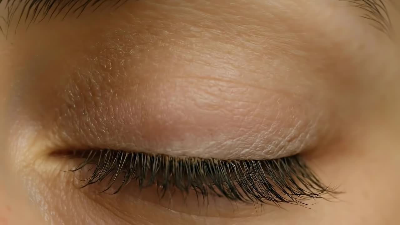 Detailní video lidského oka, zachycující složité detaily a odrazy z čelního úhlu.