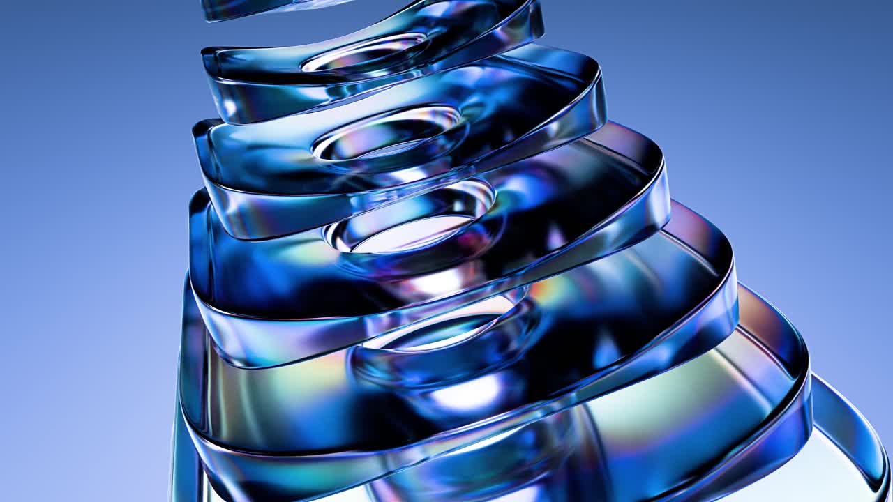 Abstrakte irisierende Spiralstruktur, die auf blauem Hintergrund rotiert
