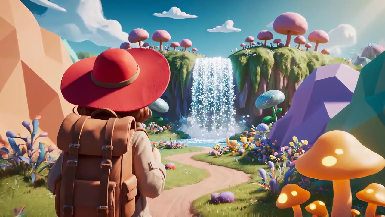 Viajante com Mochila Explora Paisagem de Fantasia Encantadora com Cachoeira