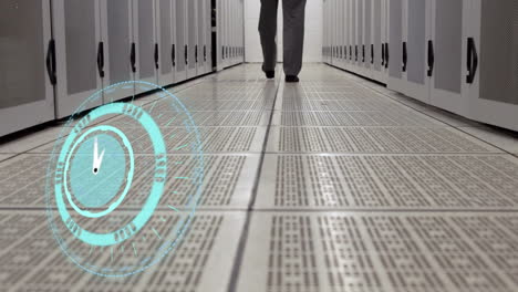 animation of clock over person walking in server room