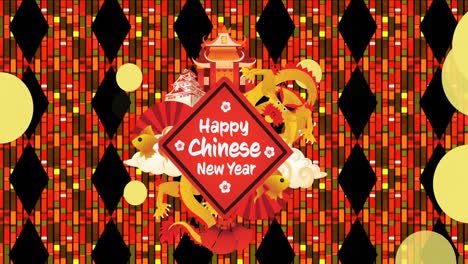 animation of chinese decorations over happy chinese new year text