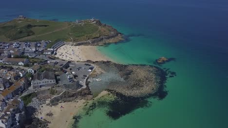 Playas-De-St-Ives-En-Cornwall,-Reino-Unido-Vista-Aérea-De-Verano