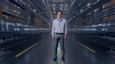 full body of an asian male professional worker standing with metal pipes, he look at the camera and smiling