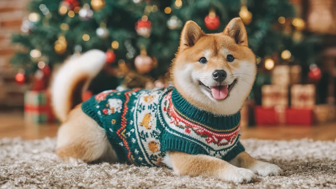 A Festive Shiba Inu Relaxing by the Christmas Tree, Adorned in a Cozy Holiday Sweater Full of Cheerful Designs and a Bright, Playful Expression Perfect for the Season
