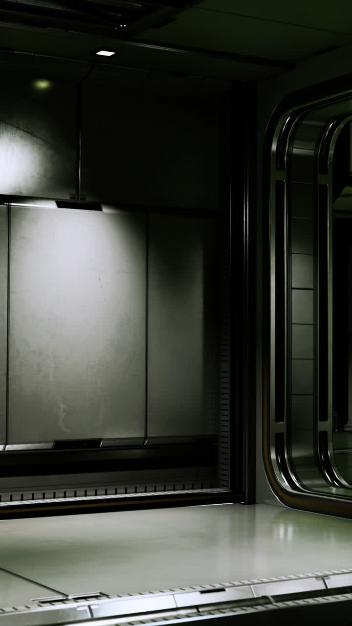 Space station interior with metallic walls and circular window view