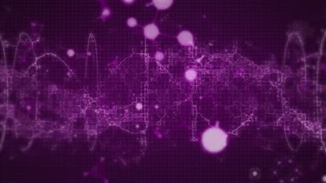 Animation-of-molecules-and-chemical-elements-floating-on-purple-background