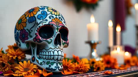 day of the dead sugar skull decoration with candles and flowers