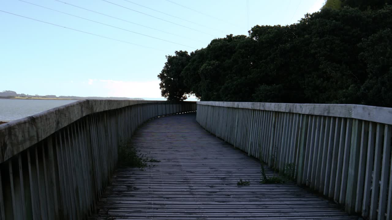A handheld shot of an old and abandoned pier in a dilapidated state with plants growing on it on a sunny day in Auckland, New Zealand