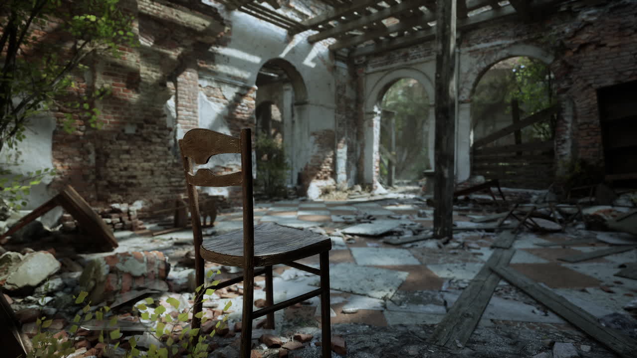 버려진, 무너지고 있는 건물에서 한 개의 의자가 남아 있습니다.