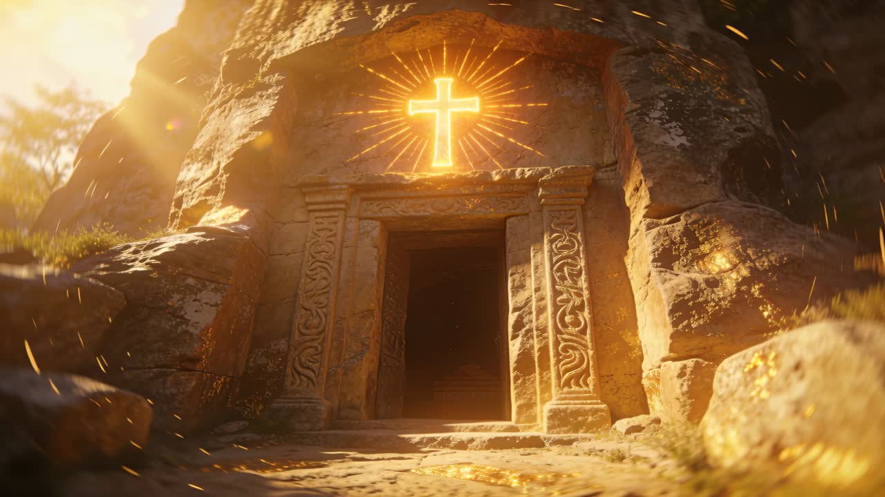 Luce solare che retroillumina un ingresso scolpito nella parete rocciosa, illuminando una croce brillante e braci alla deriva.