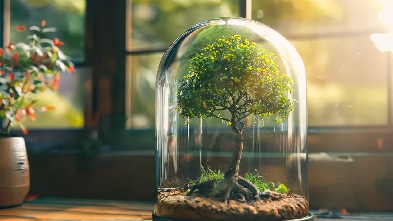 Un piccolo albero in una cupola di vetro su un tavolo di legno