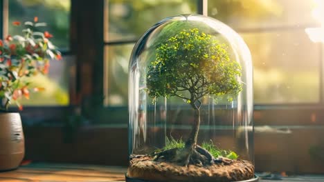 a small tree in a glass dome on a wooden table