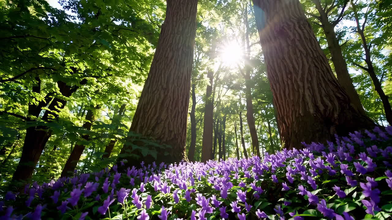 Sunlight filtering through a forest with purple flowers