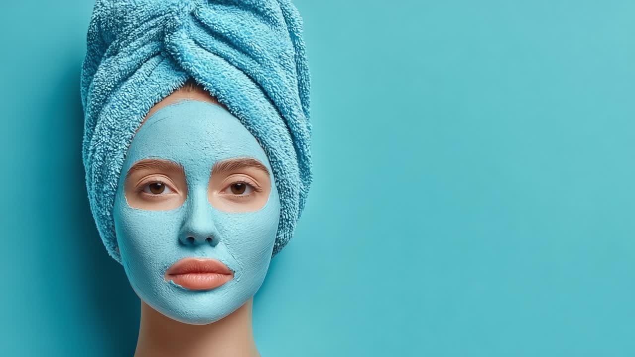 Entspannende Self-Care-Routine: Eine Frau genießt eine revitalisierende blaue Gesichtsmaske, eingehüllt in ein weiches türkises Handtuch vor einem hellen Aqua-Hintergrund.