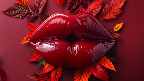 A red lip gloss is shown on a red background with red leaves and cherries. The lip gloss is shiny and looks like a real lip