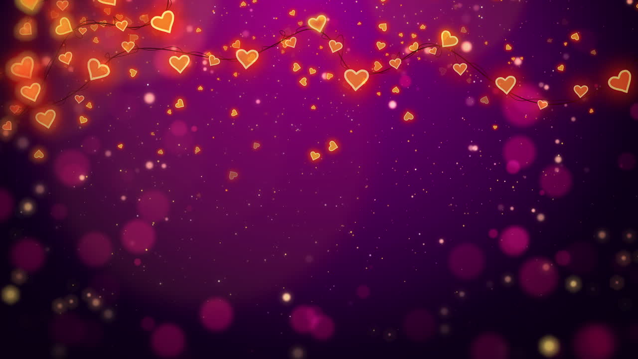 Cartoon animated purple background with glowing heart lanterns on garland. Bright romantic bokeh with small shiny particles. Looped motion graphics.