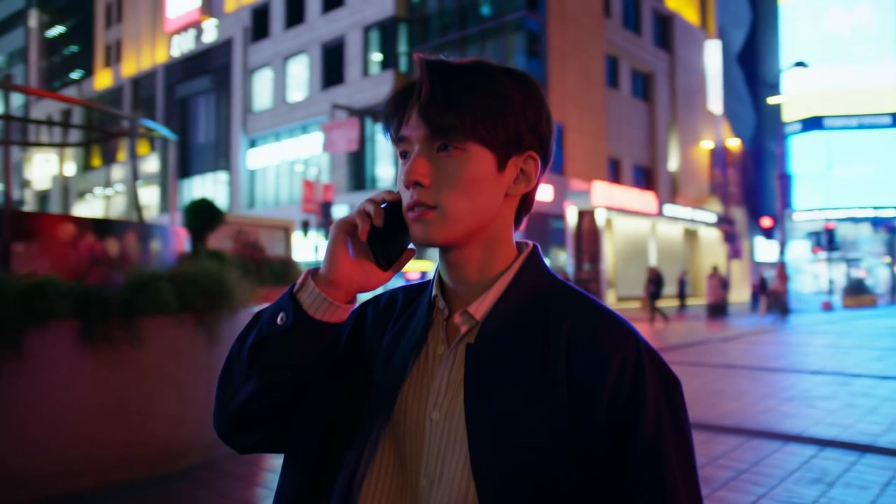 Uomo asiatico al telefono in una città al neon, scena stradale notturna con insegne al neon, traffico sfocato e illuminato.