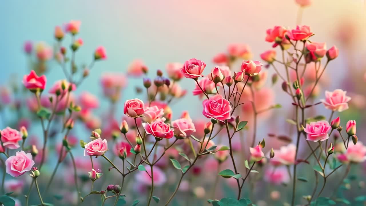 Angolazione video ravvicinata di rose rosa in fiore con messa a fuoco morbida, per catturare un'estetica sognante e pastello