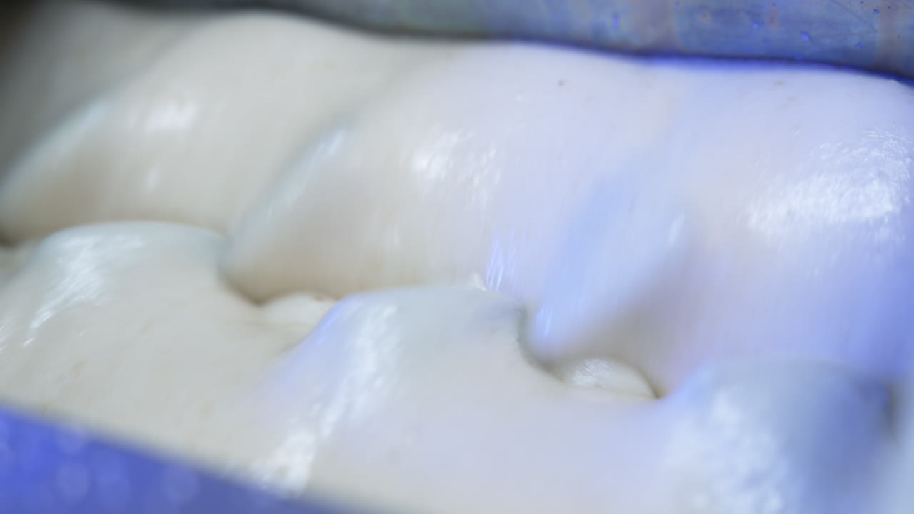 Creamy stuffing preparation for desserts making. Condensed milk manufacturing. Crude material for confectionery manufacturing. Close up.