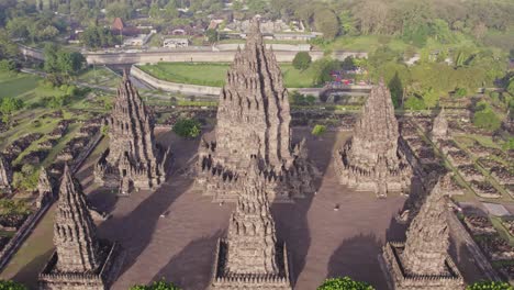 Prambanan-Hindu-Temple-complex-in-Java-with-no-tourist-in-morning,-aerial