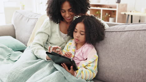 Relax,-tablet-and-mother-with-child-on-sofa