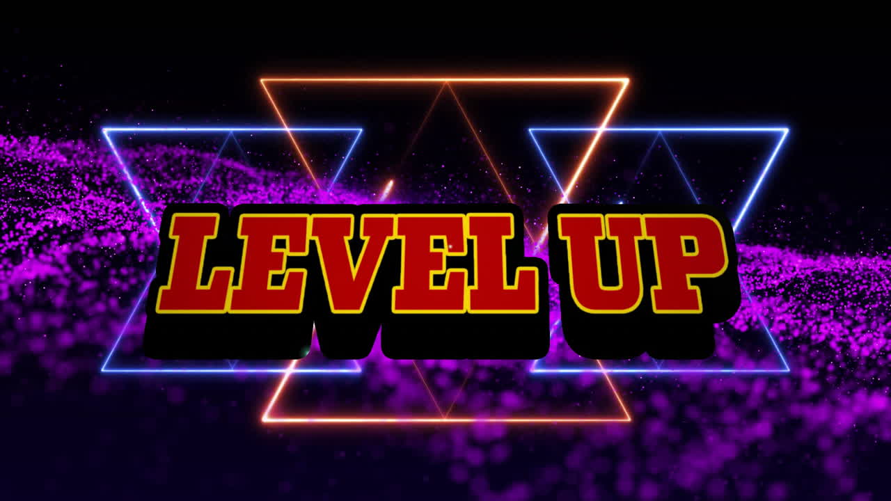 Level up text animation over neon geometric shapes and purple particles