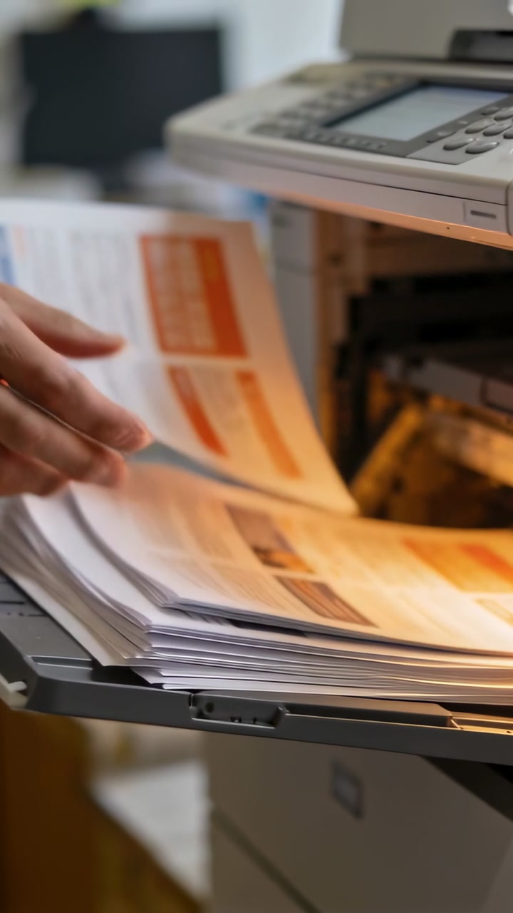 Office worker grabbing color flyers as copier ejecting pages and hand sorting tray for mail