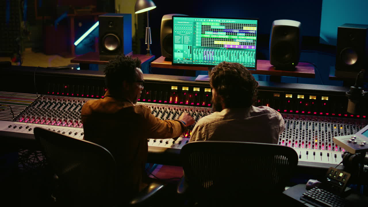 뮤지션과 오디오 엔지니어가 아름다운 히트곡을 만든 후 하이파이를 나누고 있습니다.