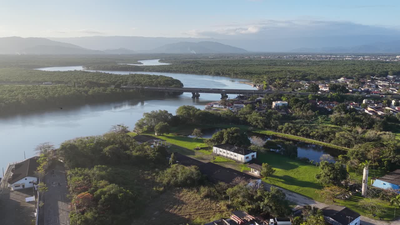 Sunset River At Itanhaem In Sao Paulo Brazil. Atlantic Forest Landscape. River Skyline. Tropical Travel. Sunset River At Itanhaem In Sao Paulo Brazil. Outdoor Sunset