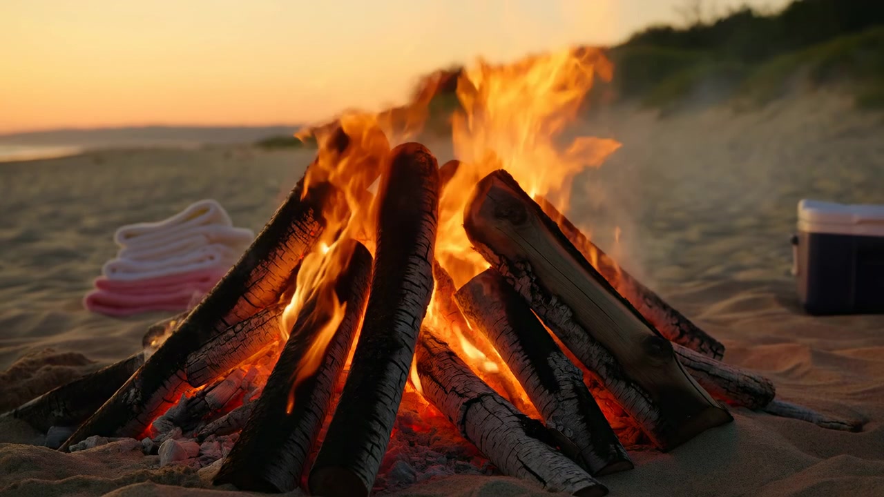 Un falò acceso mostra fiamme arancioni che tremolano sopra tronchi di legno disposti con braci ardenti, posizionato all'aperto sulla sabbia accanto a un ambiente naturale sotto una luce calda e fioca.