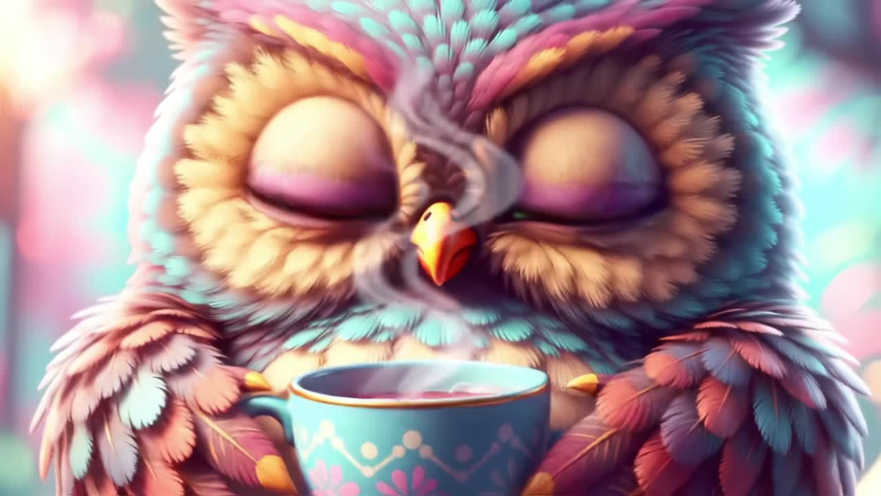 A Whimsical Owl Enjoys a Cozy Beverage: Captivating Imagery of a Charming Creature Savoring Warmth and Serenity in a Colorful Fantasy Setting