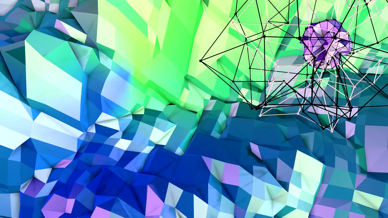 4k 로우 폴리 배경 애니메이션: 루프에서 순수한 3d 애니메이션으로 창의적인 간단한 로우 폴리의 배경. v3 구와 움직이는 프레임으로 푸른 녹색 풍경