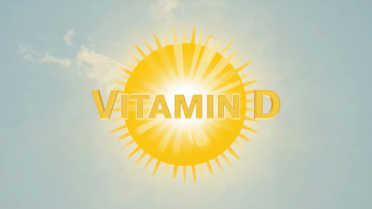 Brightening sun bearing gold 3D lettering VITAMIN D radiating glare over pale blue sky, thin clouds