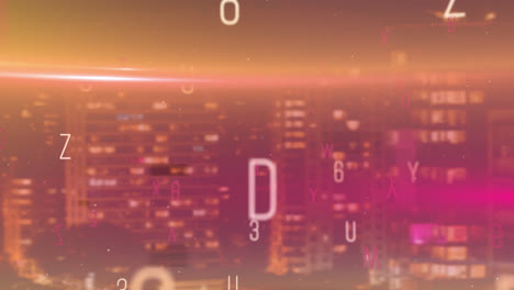 Animation-of-falling-numbers-and-letters-over-cityscape