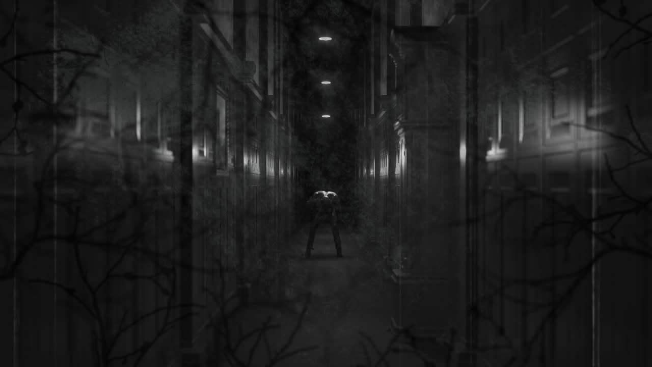 어두운 복도에서 고통에 머리를 들고 있는 그림 위에 있는 나무의 손상된 흑백 영화의 애니메이션