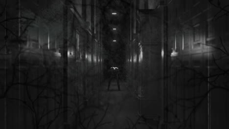 animación de película en blanco y negro dañada de árboles sobre figura sosteniendo la cabeza en dolor en el pasillo oscuro