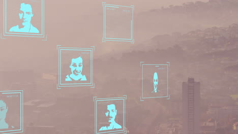 animación de múltiples iconos de perfiles cambiantes contra una vista aérea del paisaje urbano